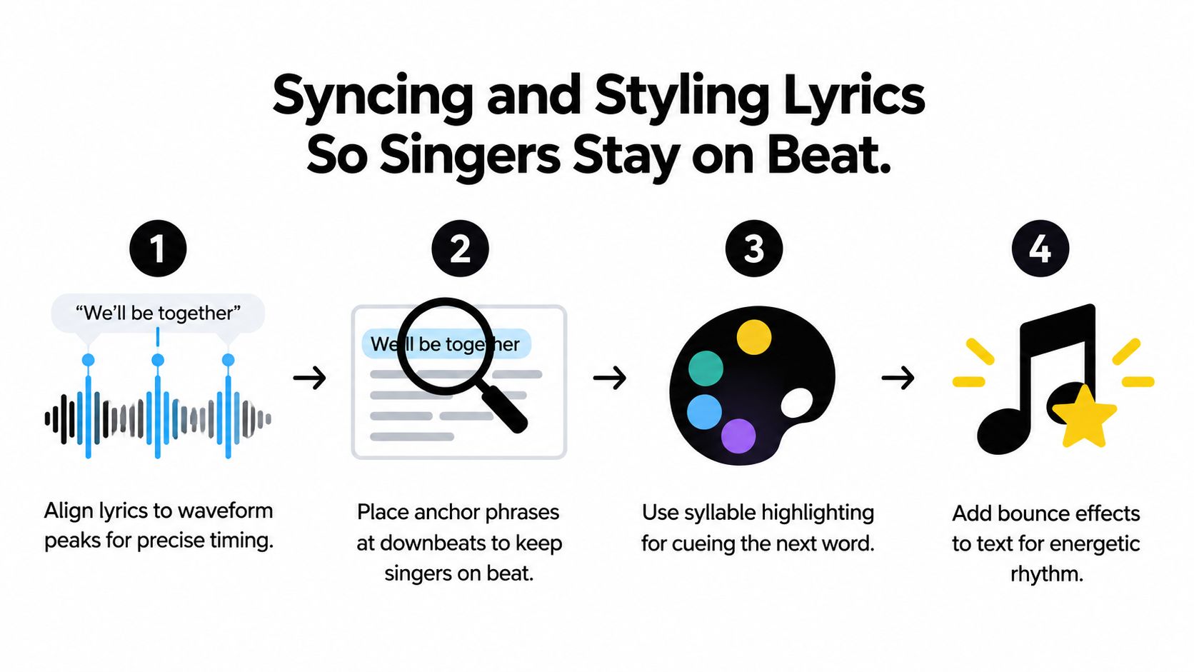 A four-step infographic explaining how to sync and style karaoke lyrics to keep singers on beat.