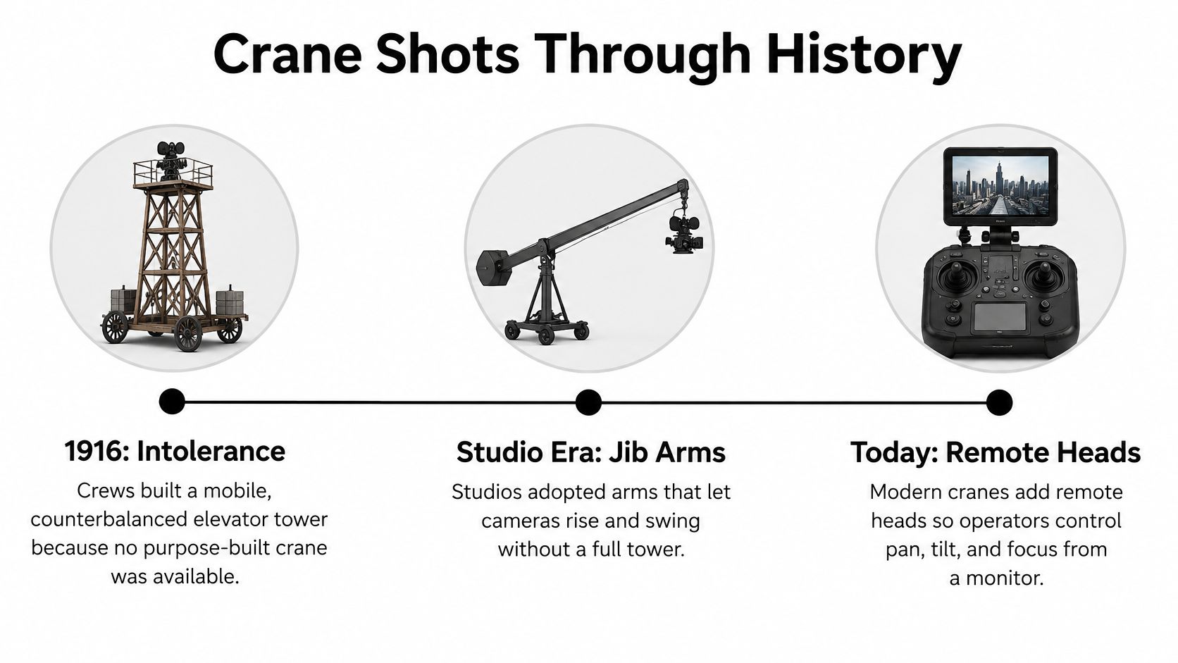 A timeline graphic showing the historical evolution of film camera crane equipment from 1916 to today.