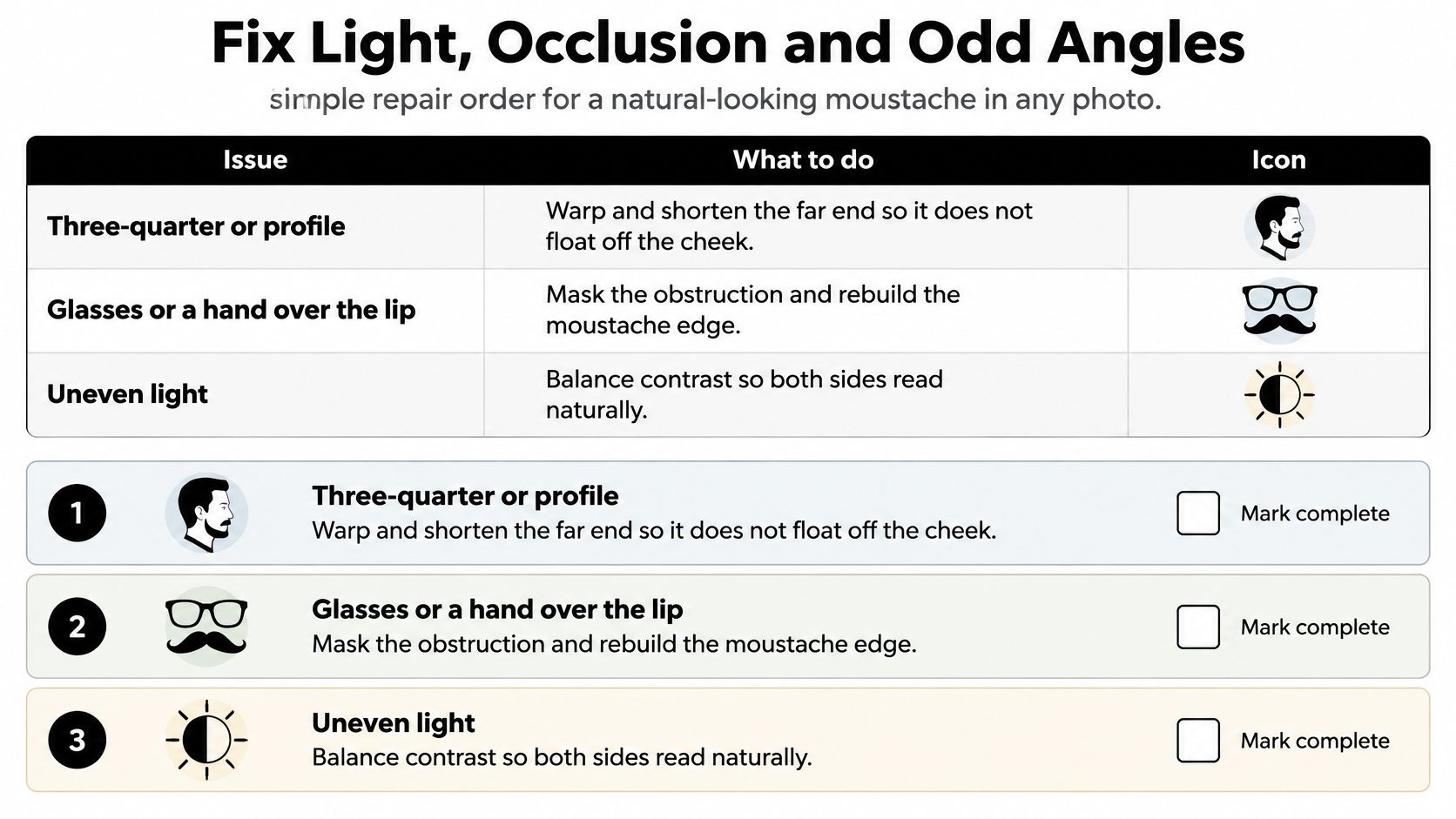 A guide showing how to fix light, occlusion, and odd angles when adding a moustache to photos.