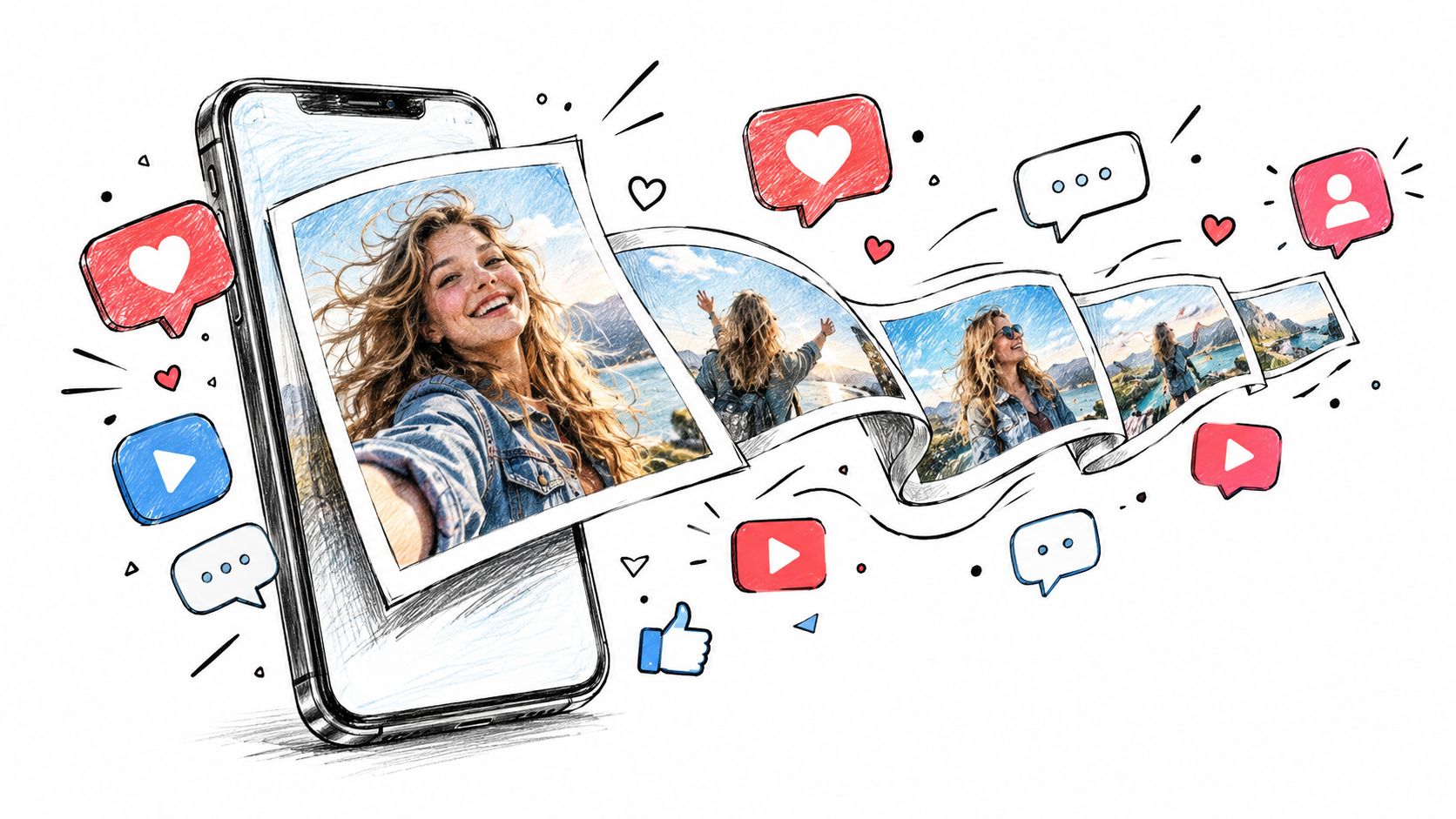 A creative illustration featuring a smartphone displaying a photo film strip with pictures of a woman.