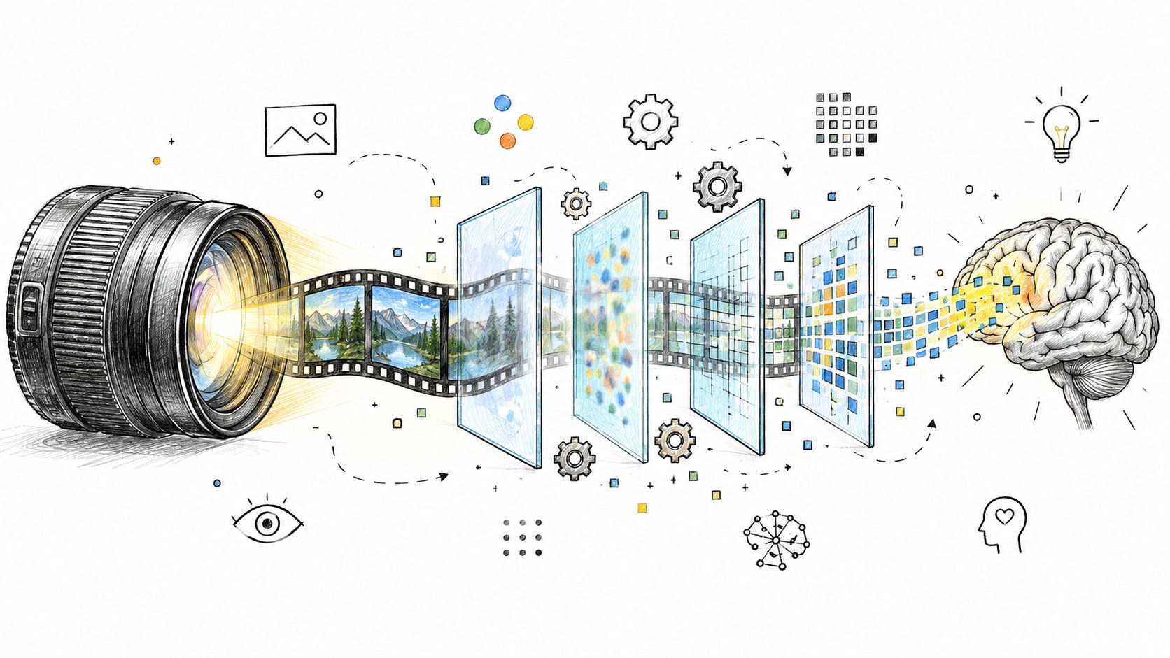 A conceptual illustration showing a camera lens processing images through digital layers into a human brain.