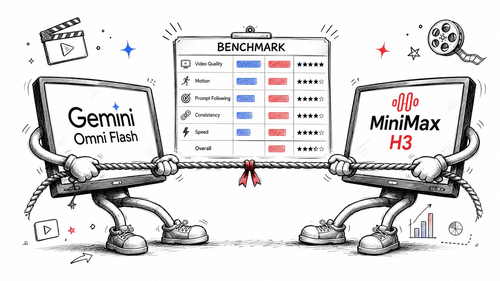 A playful illustration of Gemini Omni Flash and MiniMax H3 competing in a tug-of-war for benchmark performance.