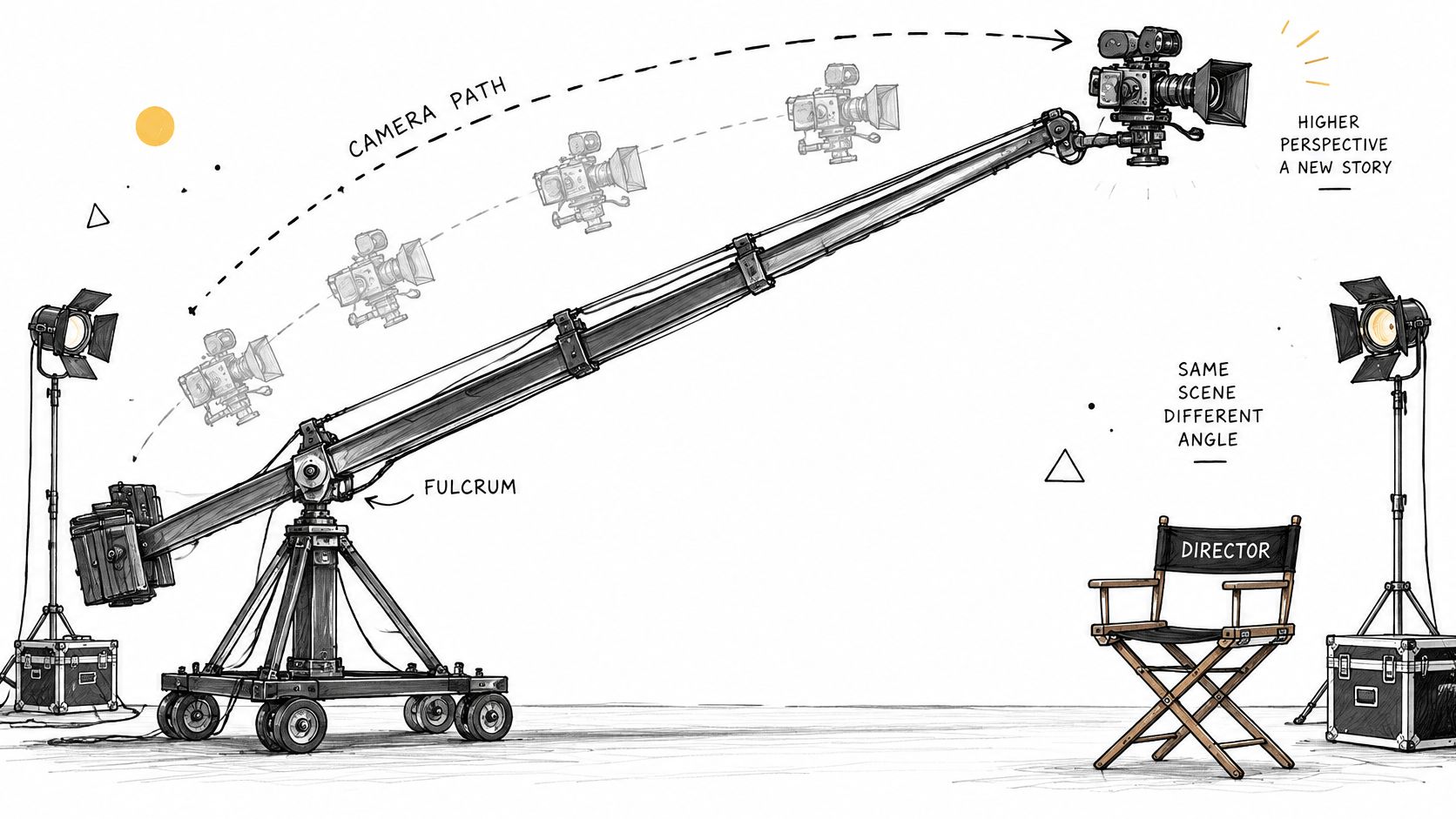 A detailed illustration of a professional film crane with a camera capturing a scene from a high angle.