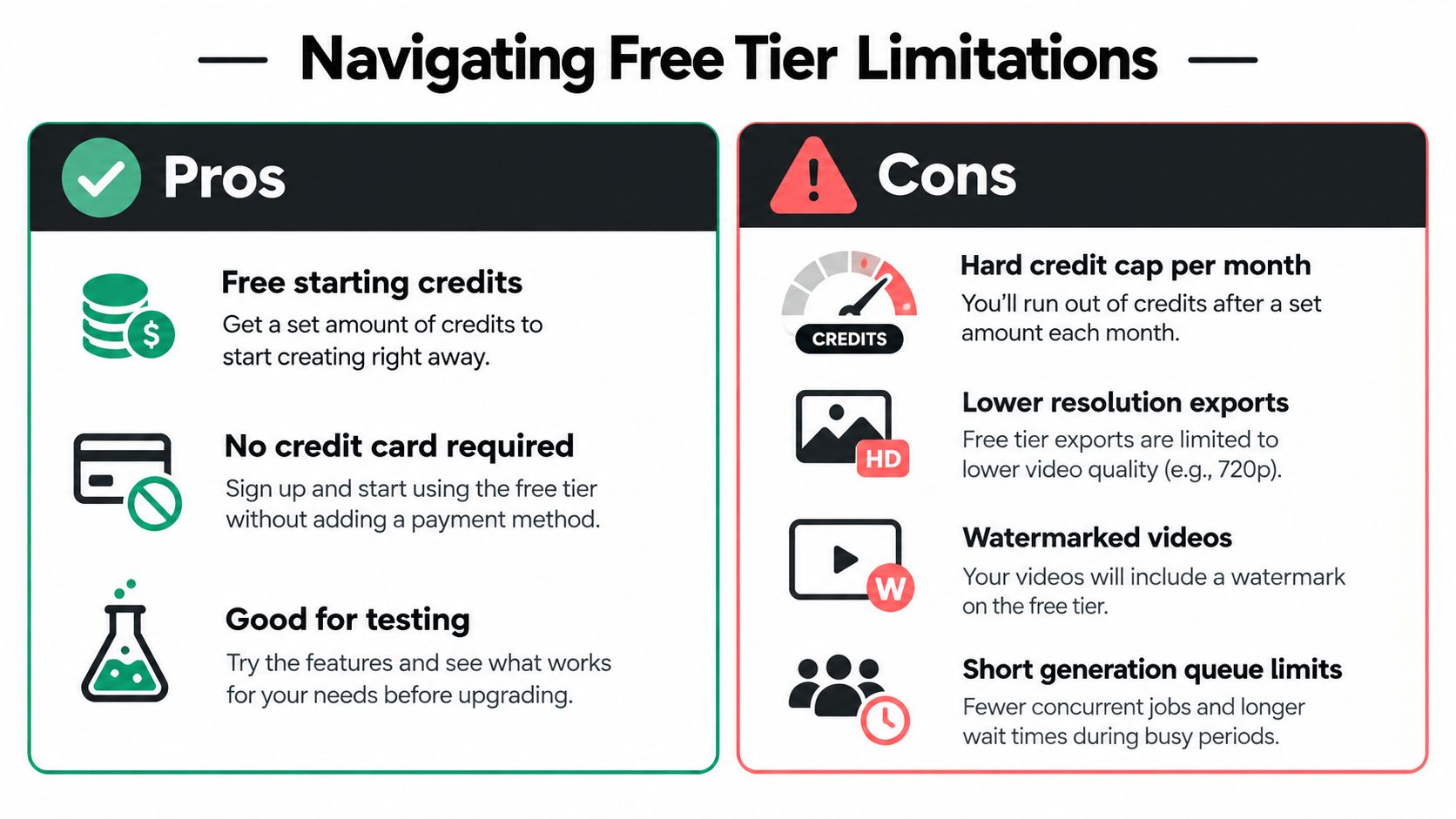 A comparison chart showing the advantages and disadvantages of using a free tier software subscription plan.