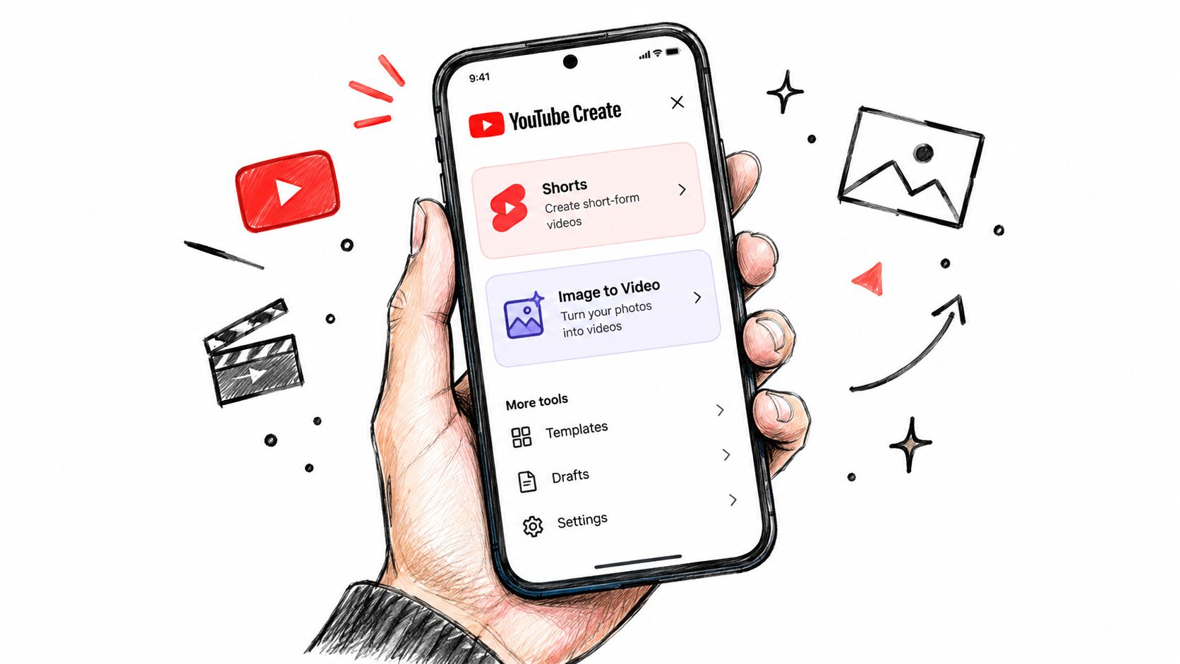 A hand holding a smartphone displaying the YouTube Create app menu with options for short-form videos and tools.