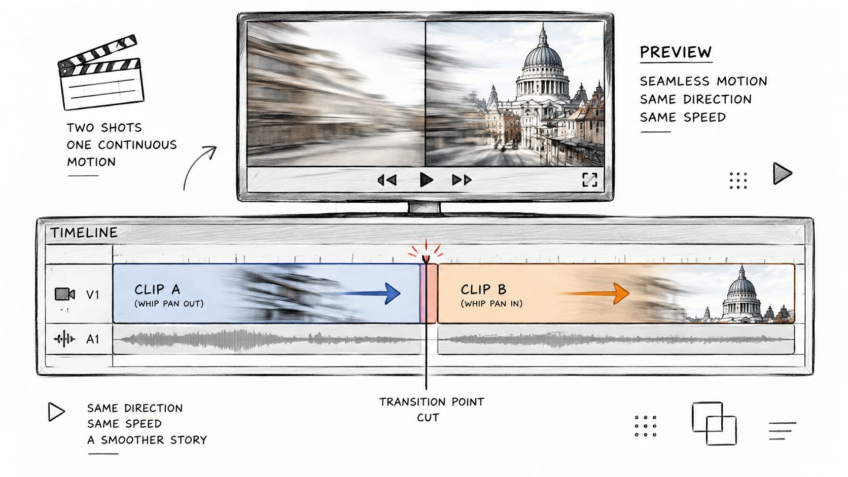 A diagram illustrating a whip pan transition between two video clips on an editing software timeline.