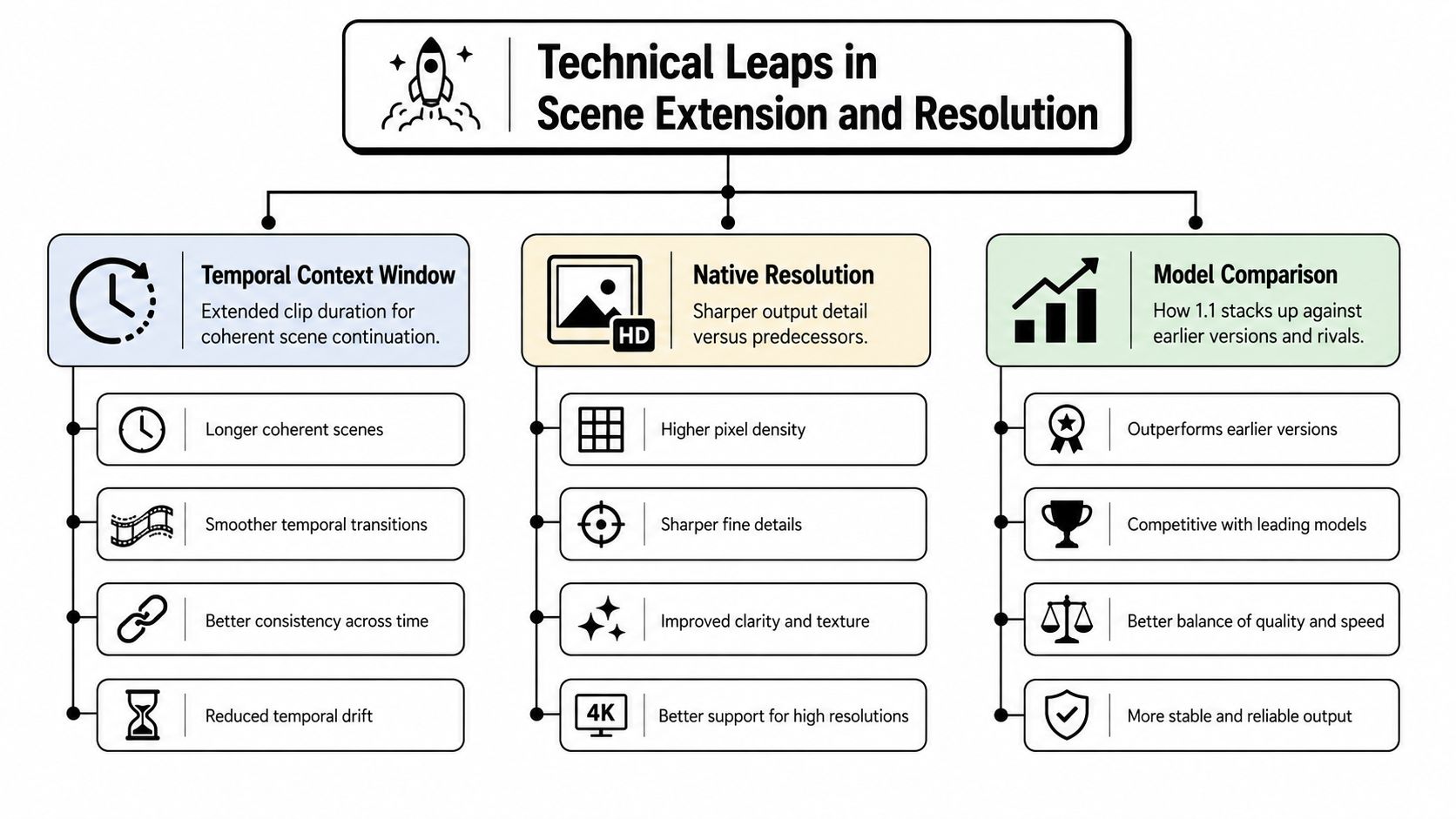 An infographic titled Technical Leaps in Scene Extension and Resolution showing improvements in video model technology.
