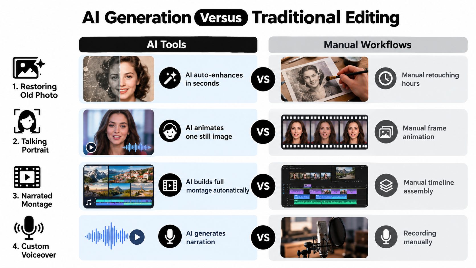 A comparison chart showing how AI tools automate photo restoration, animation, montage assembly, and voiceovers versus manual editing.