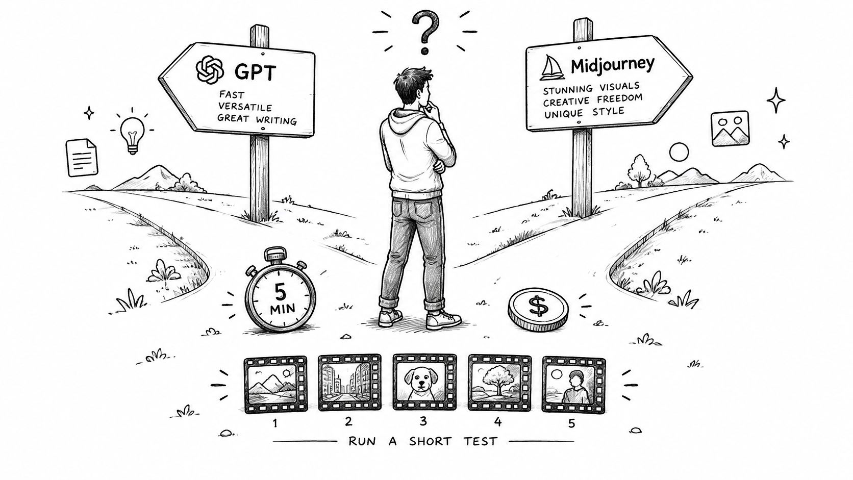 A person standing at a crossroads choosing between ChatGPT for text and Midjourney for visual AI generation.