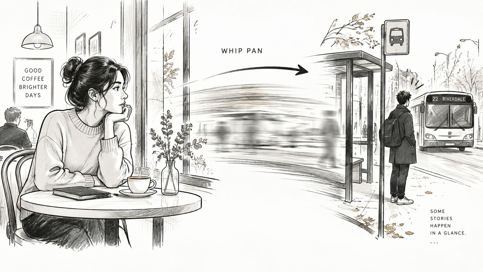 A pencil sketch shows a woman in a cafe looking toward a bus stop with a whip pan effect.