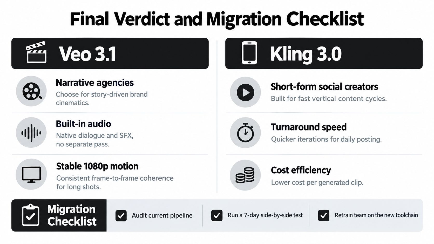 A comparison chart outlining the key differences between Veo 3.1 and Kling 3.0 video generation tools.