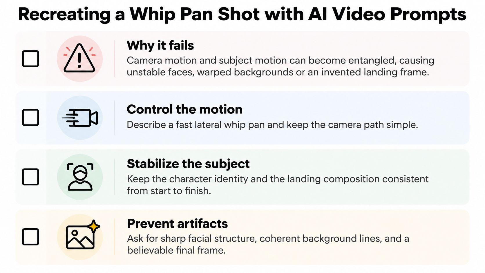 A checklist infographic outlining strategies to successfully recreate a cinematic whip pan shot using AI video prompts.