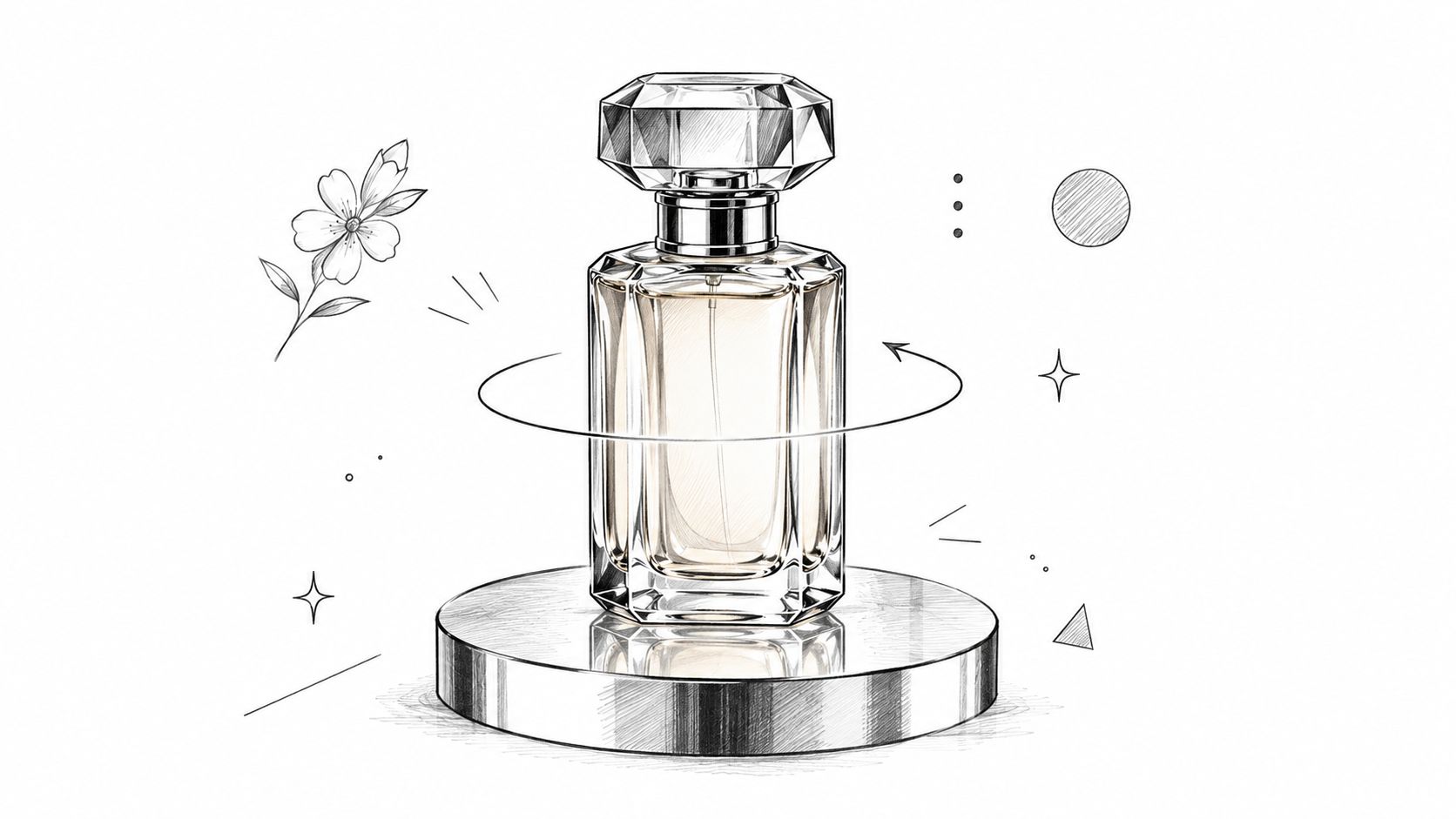 A detailed pencil sketch illustration of a luxury perfume bottle displayed on a circular rotating pedestal.