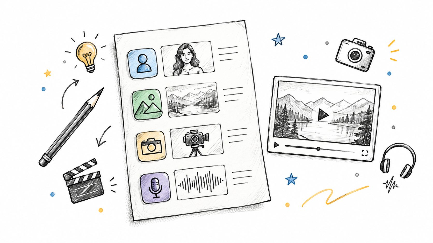 A hand-drawn illustration showing a menu of content creation tools like photography, video, and audio editing icons.