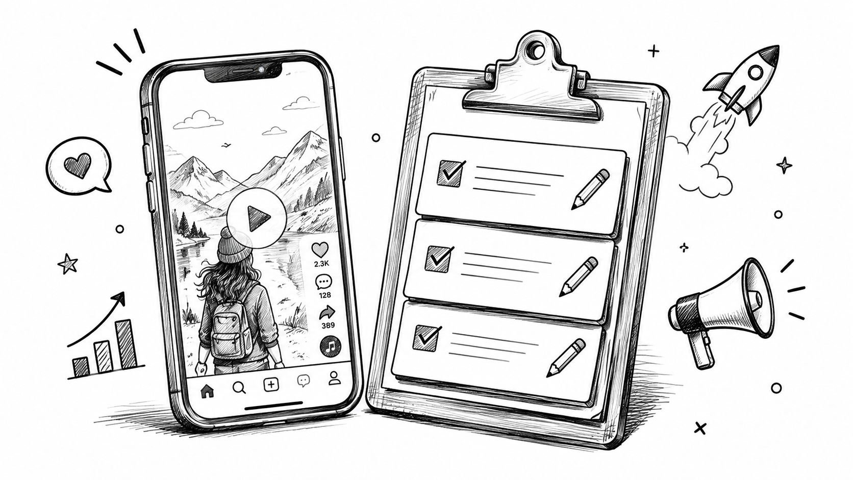A creative sketch of a mobile smartphone displaying a video app next to a clipboard checklist.
