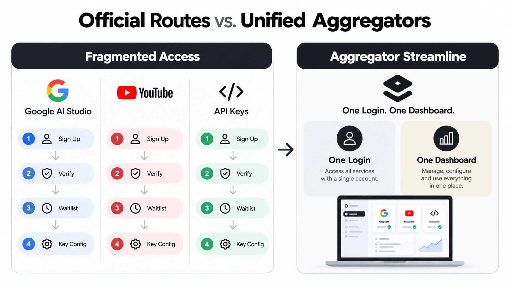 A diagram comparing the fragmented process of accessing services individually versus using a unified aggregator dashboard.