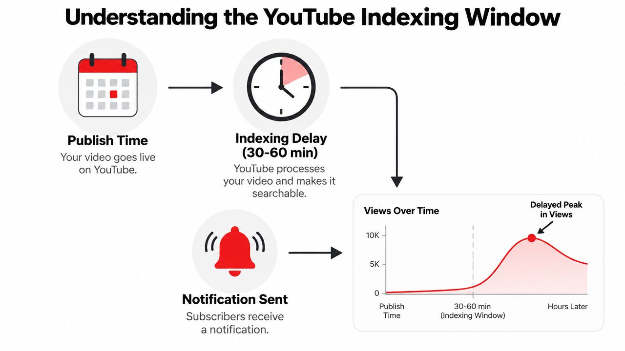 A diagram illustrating the YouTube indexing window process from publish time to the delayed peak in views.