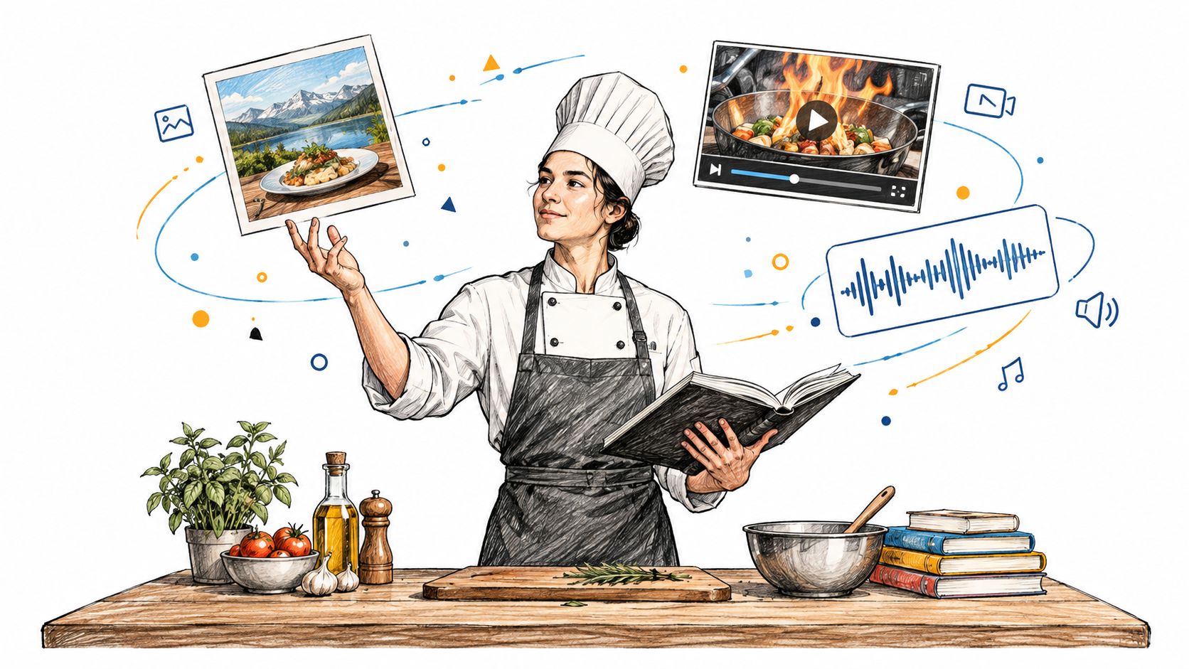 A professional chef in a kitchen surrounded by floating icons representing food photography, cooking videos, and podcasts.