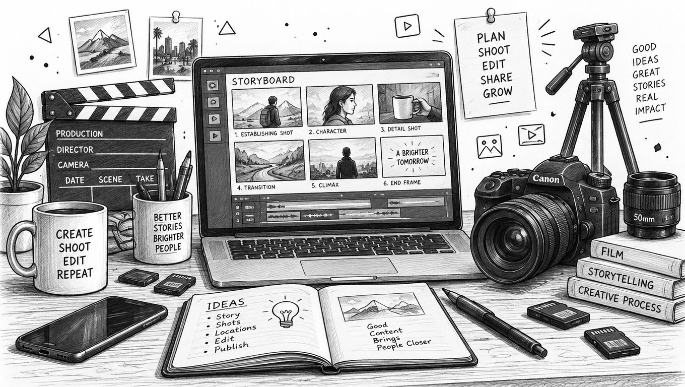 A creative workspace featuring a laptop with a storyboard, a professional camera, and various filmmaking tools.