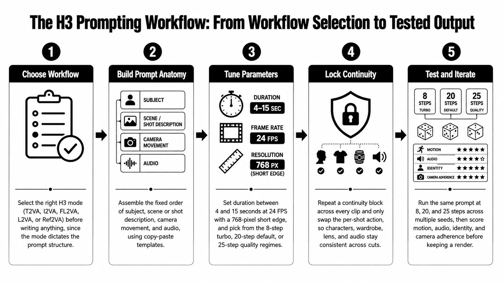 A black and white infographic titled The H3 Prompting Workflow showing five steps to creating video prompts.