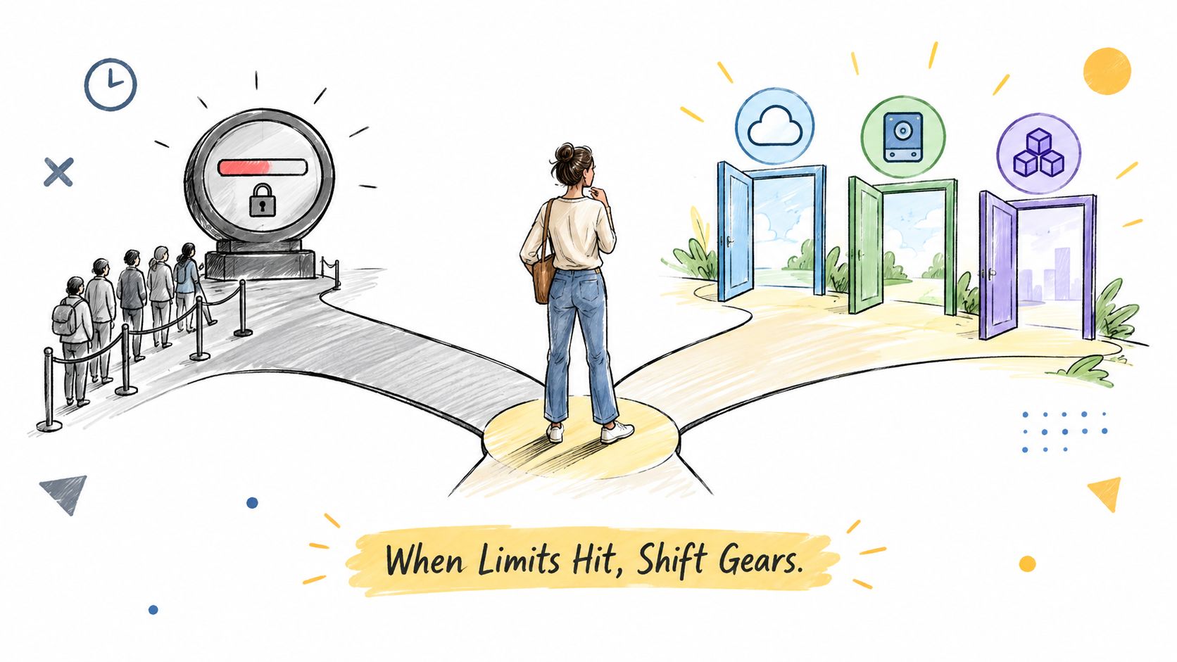 A woman choosing between a restricted queue and three open doors representing various cloud and storage options.