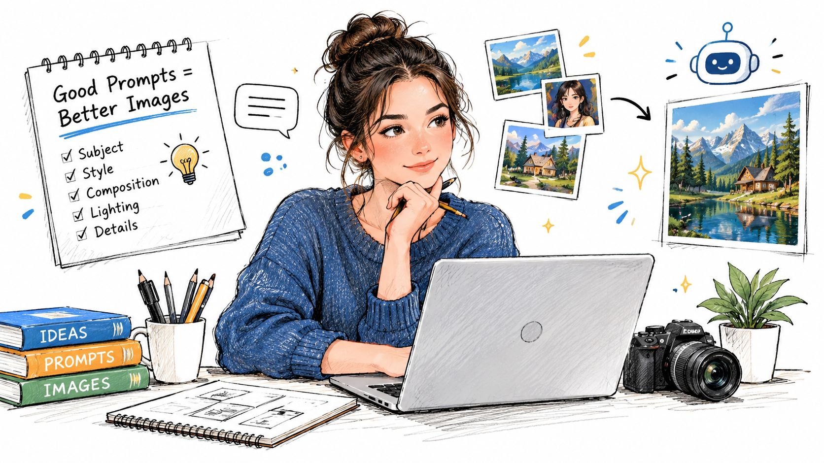 A digital artist uses a laptop to create AI images while surrounded by creative tools and prompts.