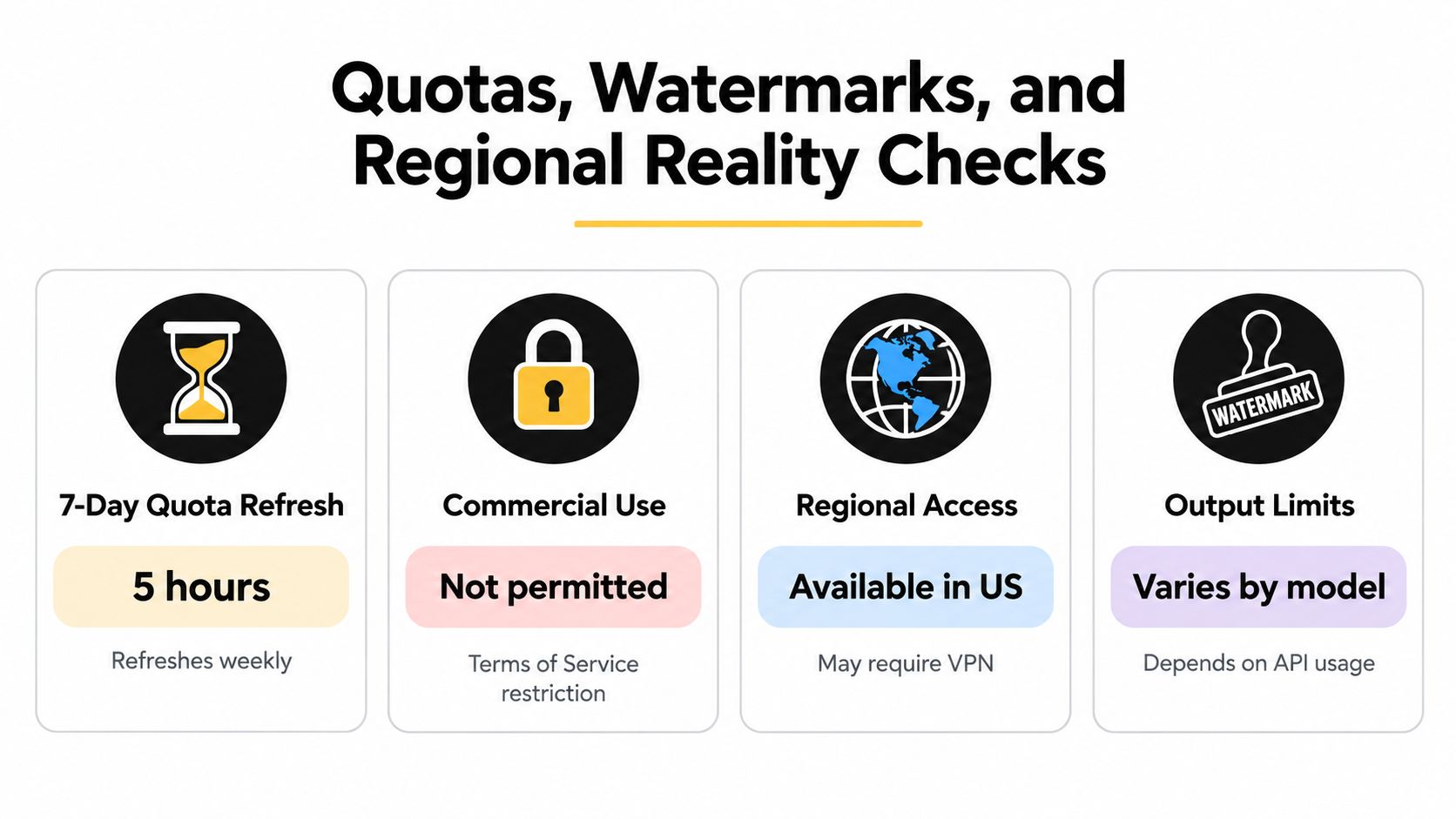 A chart illustrating quotas, watermarks, and regional access limitations for a generative AI service.