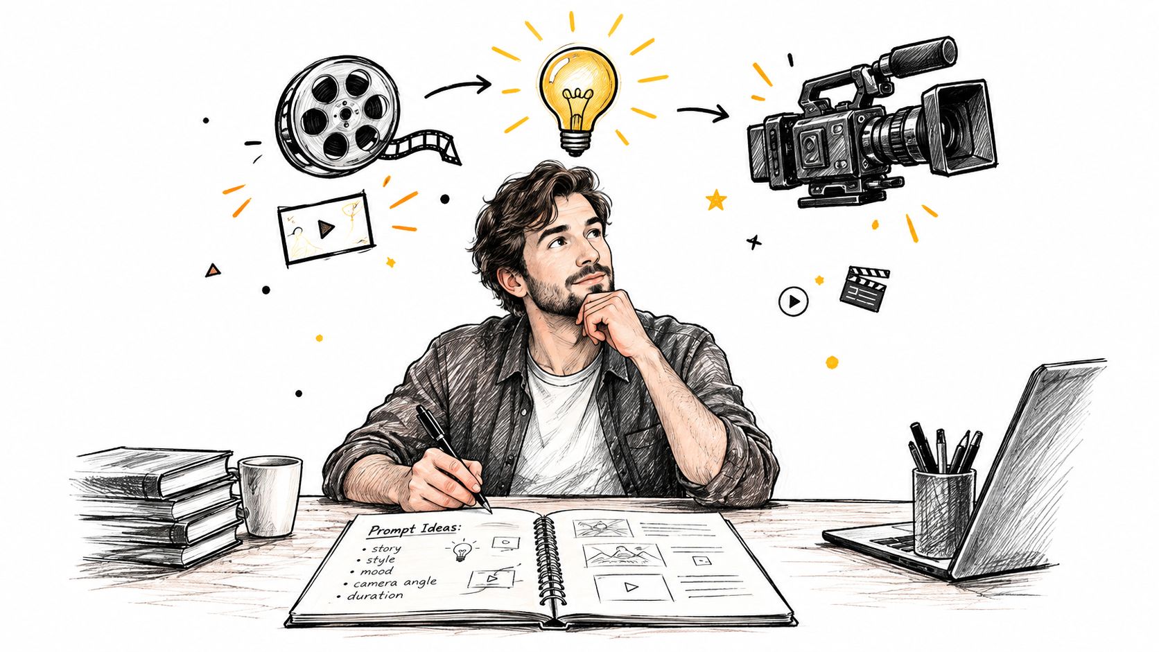 A creative filmmaker sitting at a desk sketching video production concepts in a notebook with film equipment illustrations.