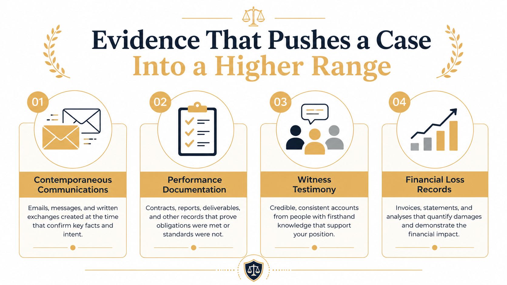 A professional infographic detailing four key types of evidence that increase potential legal settlement amounts.