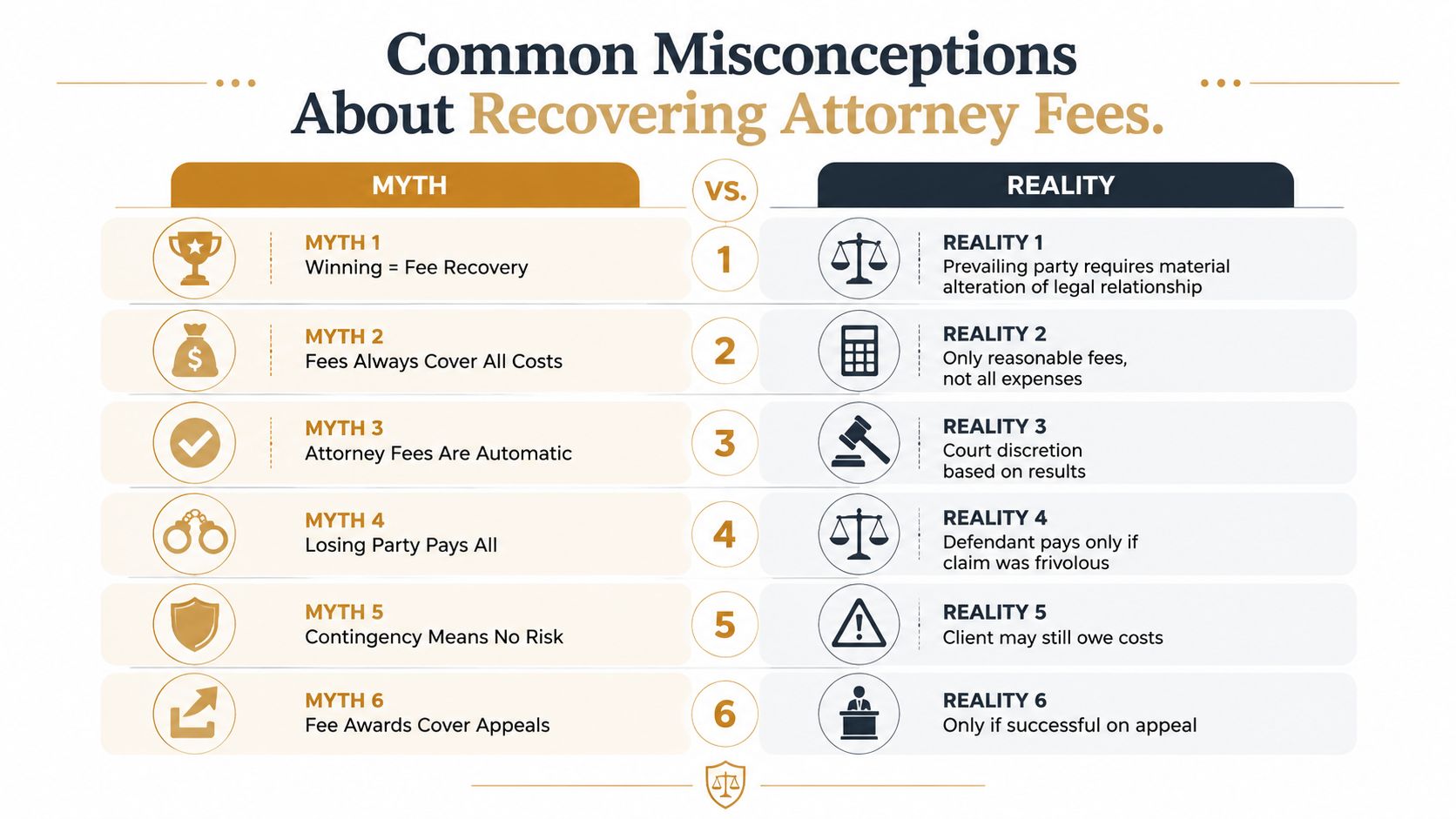 A comparison chart outlining six common misconceptions and legal realities regarding recovering attorney fees in litigation.