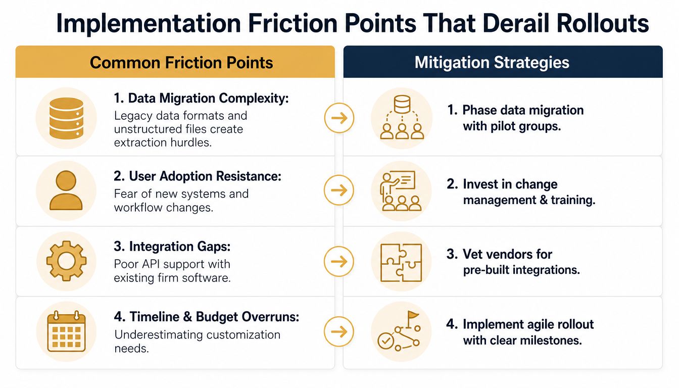 A chart illustrating common implementation friction points for software rollouts and corresponding mitigation strategies for project success.