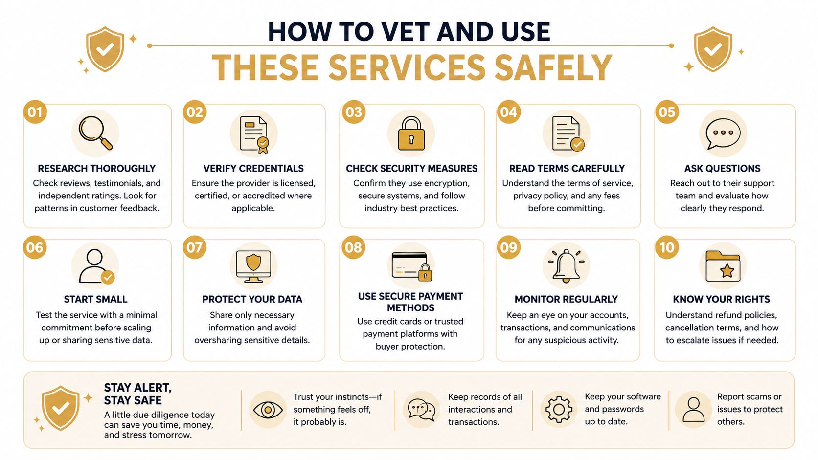 A ten-step infographic providing tips on how to safely vet and use professional service providers online.