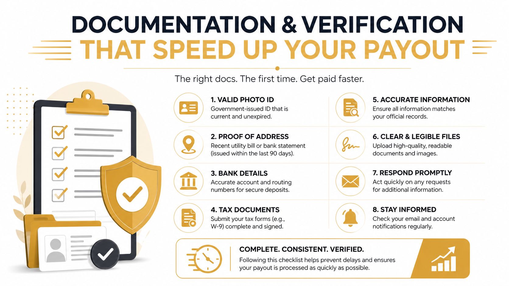 An infographic checklist for documentation and verification to speed up the settlement payment process for users.