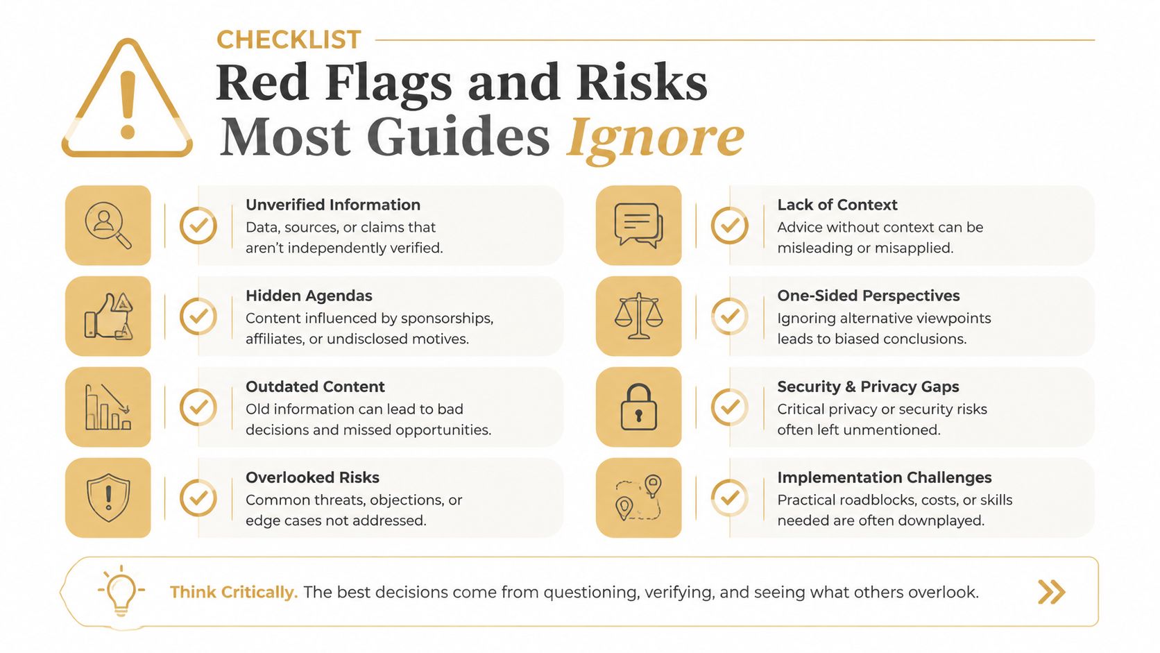 A checklist infographic titled Red Flags and Risks Most Guides Ignore, featuring eight cautionary points for critical thinking.