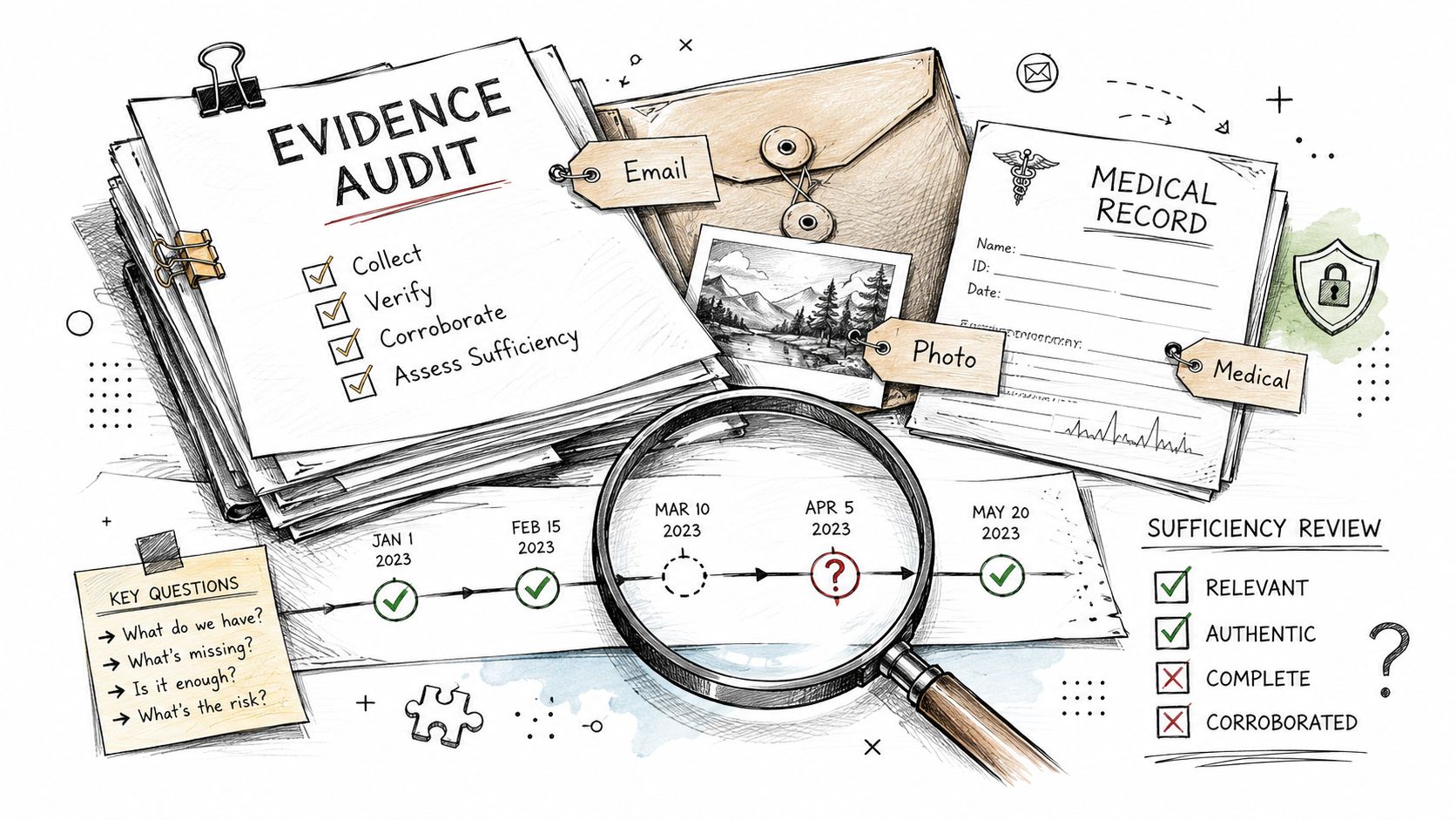 A hand-drawn illustration depicting an evidence audit process with a timeline, medical records, and key questions.