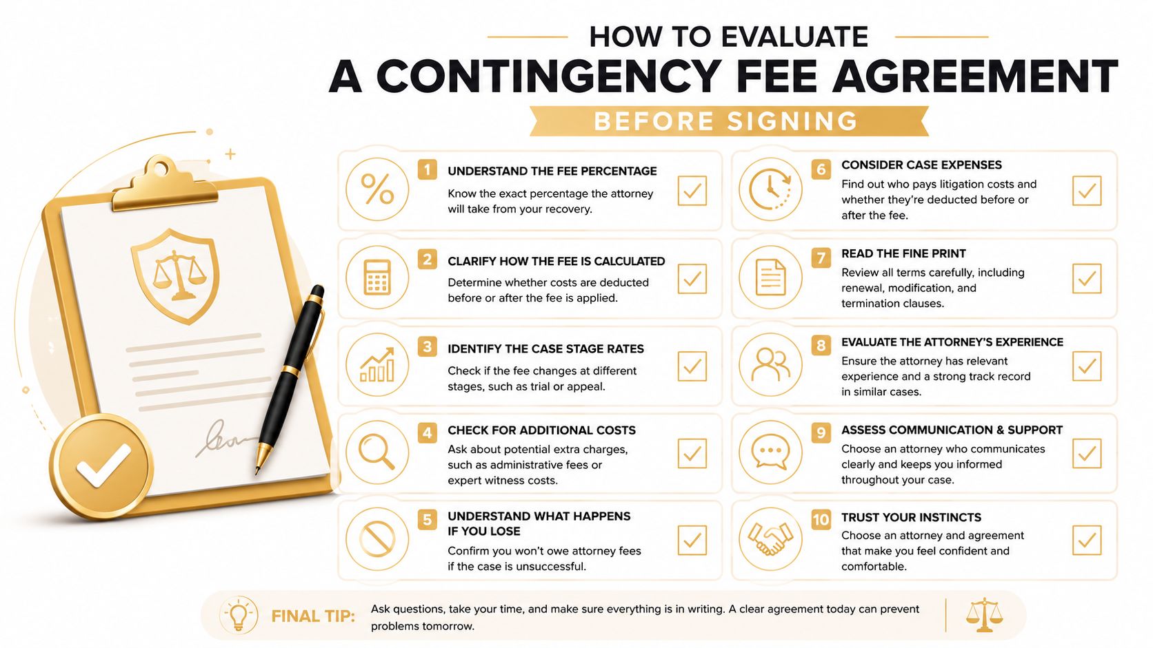 A checklist infographic titled How to Evaluate a Contingency Fee Agreement before signing with legal icons.