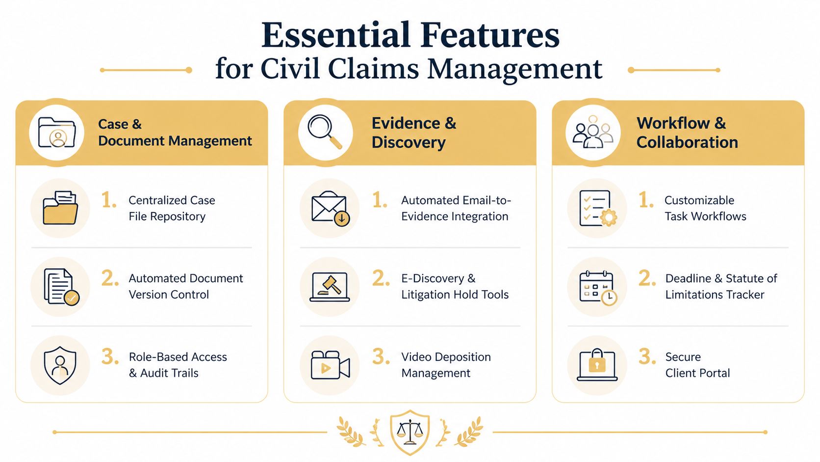 An infographic showing essential features for civil claims management software including document management, evidence discovery, and collaboration tools.