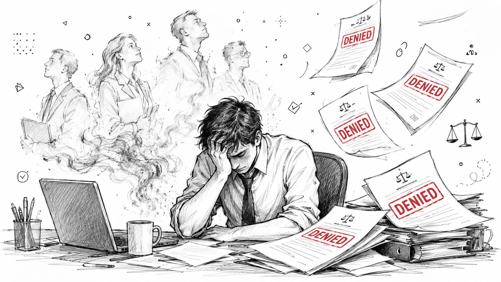 A distressed office worker sits overwhelmed by a pile of legal documents stamped with denied notices.