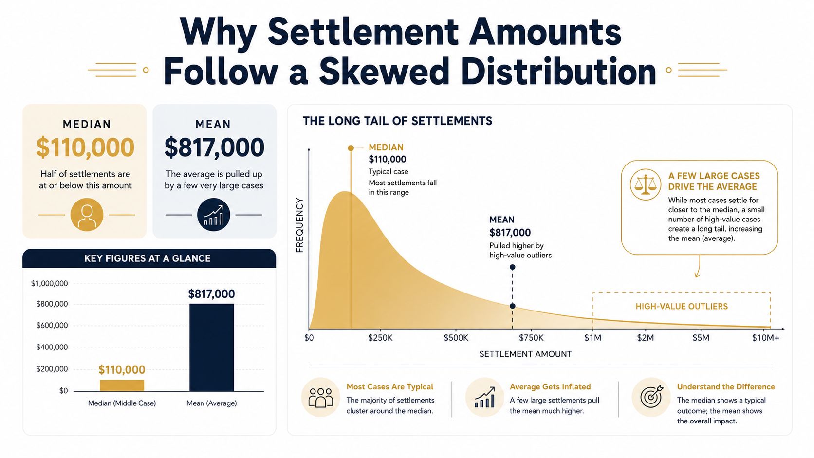 A chart explaining why settlement amounts follow a skewed distribution by comparing median and mean values.