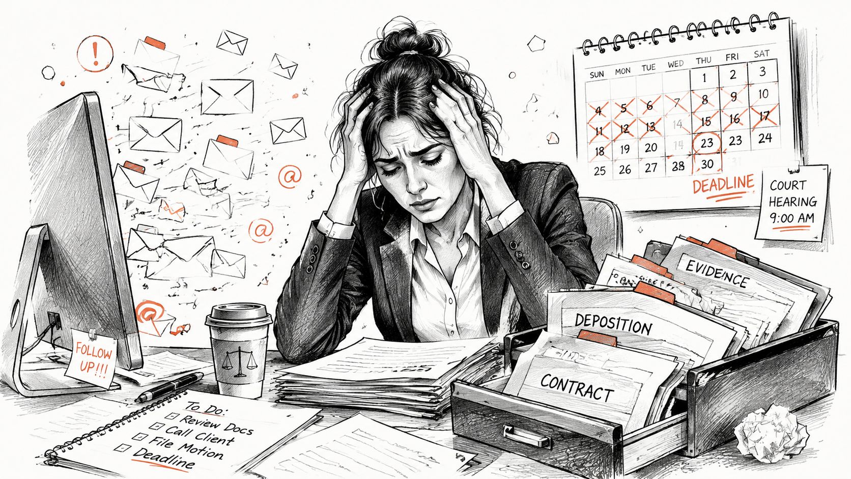 A stressed female lawyer overwhelmed by heavy paperwork and deadlines at her office desk.