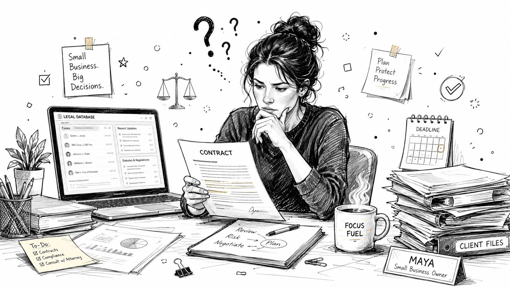 A businesswoman reviewing legal contracts at her desk, surrounded by legal database software, files, and planning notes.
