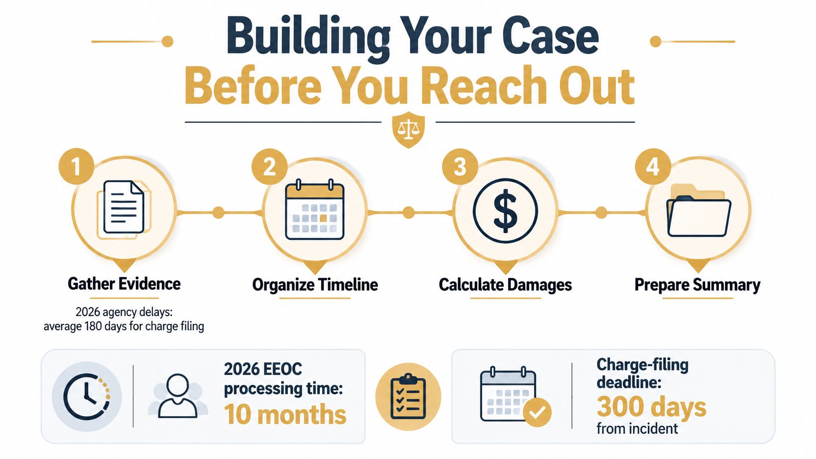 An infographic illustrating four steps to build an employment case before contacting a legal professional.