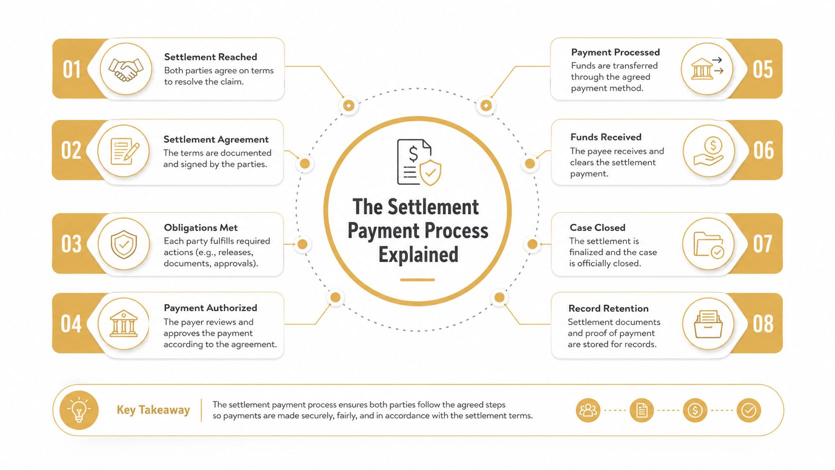An infographic diagram illustrating the eight sequential steps of the professional settlement payment process for legal claims.