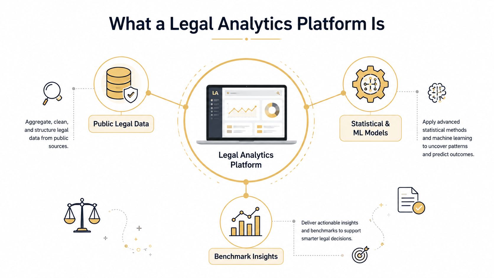 A diagram illustrating the core components and functionality of a legal analytics platform for data-driven decision making.