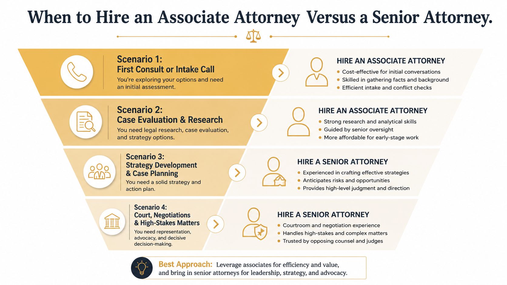 A diagram illustrating the decision-making process for hiring either an associate attorney or a senior attorney.