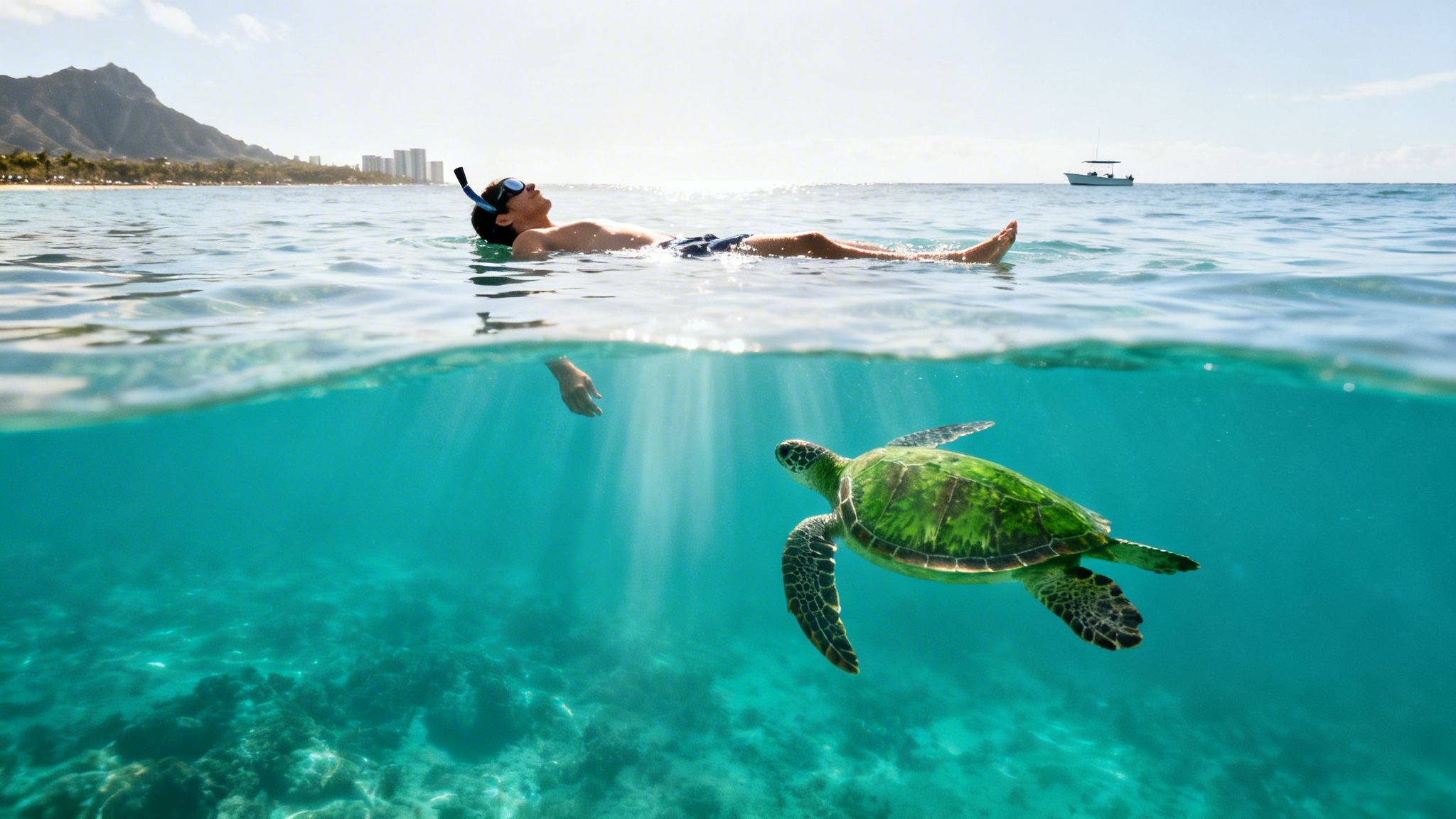 A man floats snorkeling above the clear ocean water while a sea turtle swims below in Hawaii.