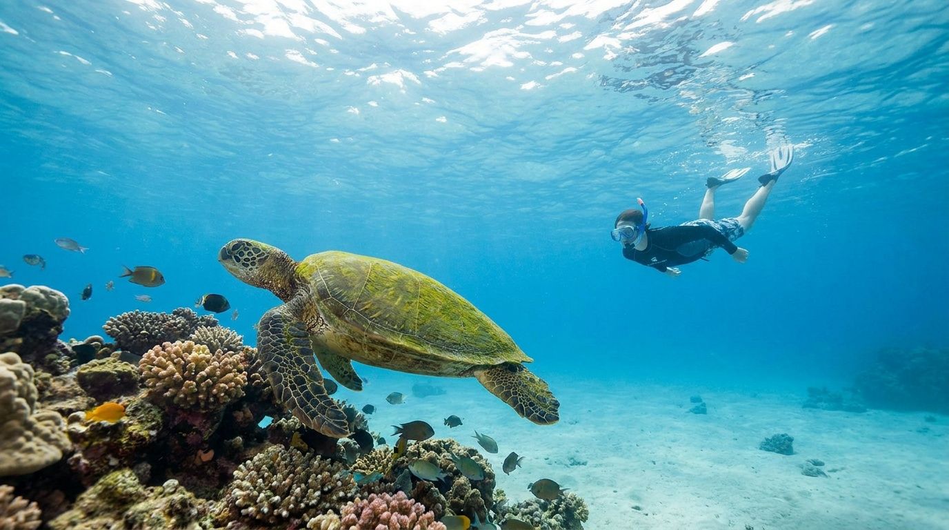 A person snorkels near a sea turtle swimming over a vibrant coral reef in clear blue ocean water.