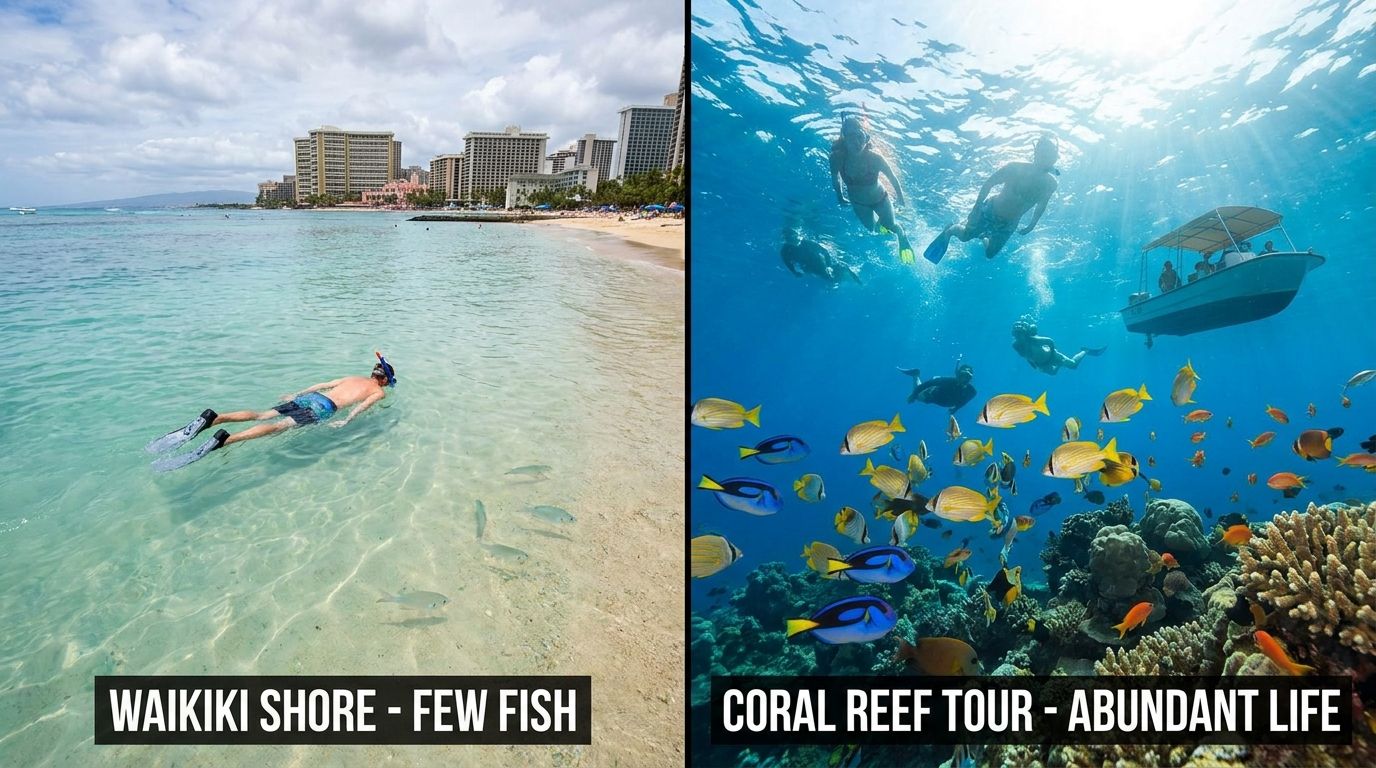 A comparison showing a snorkeler in shallow Waikiki water versus a vibrant coral reef tour underwater.