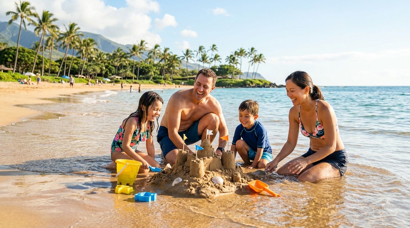 A happy family builds a sandcastle together on a sunny beach in Hawaii with palm trees background.