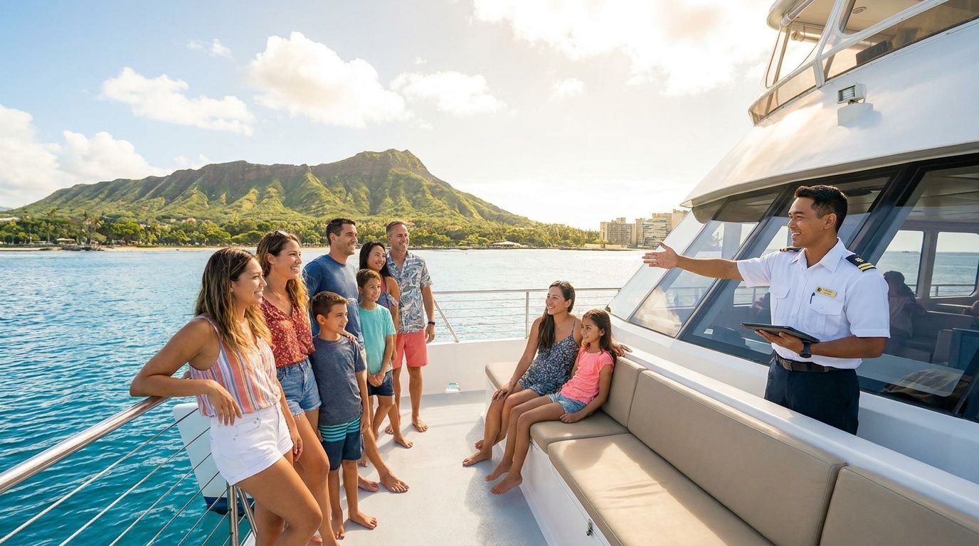 A boat captain gives a tour presentation to a diverse family on a boat near Diamond Head, Hawaii.